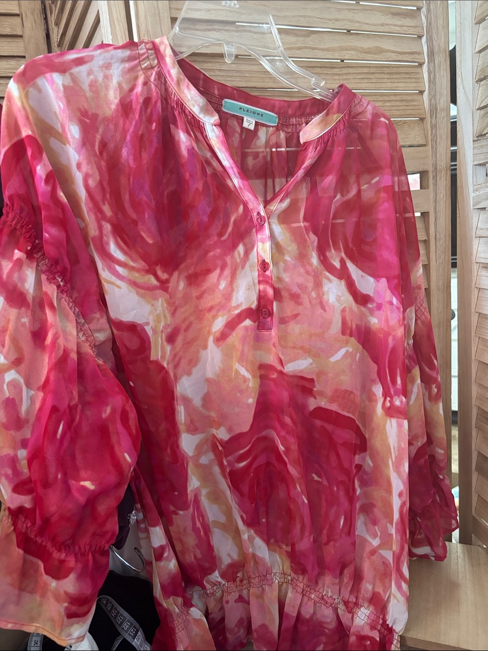 Pleione Women's Sheer Pink Watercolor  Blouse Large